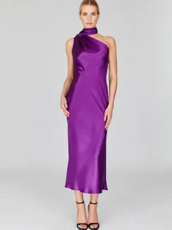Satin One Shoulder Bias Dress With Scarf